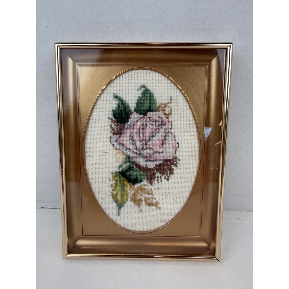 Vintage 1994 Handmade Pink Rose Cross Stitch Framed Needlepoint Wall Art 5x7